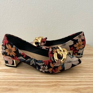 SHEIN Women’s Floral Block Heels | Size 37 | Gold Chain Accent